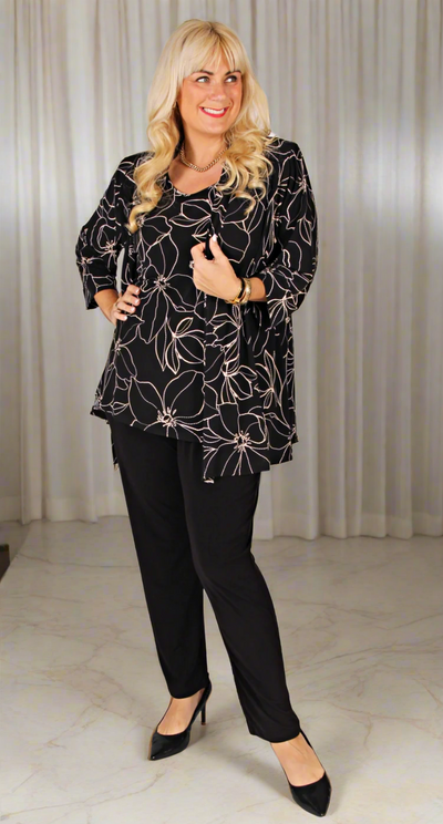 Cream Leaves on Black Two-in-One Jacket and Cami