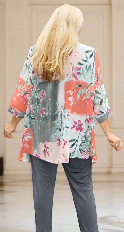 Edwina Edge to Edge Jacket Floral Coral| Charcoal