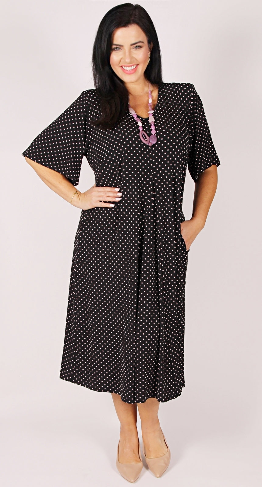 Florence Float Dress Pink Dots on Black