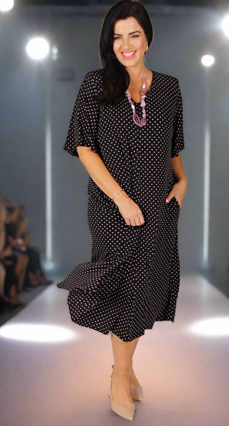 Florence Float Dress Pink Dots on Black