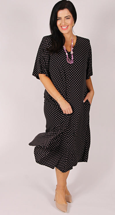 Florence Float Dress Pink Dots on Black