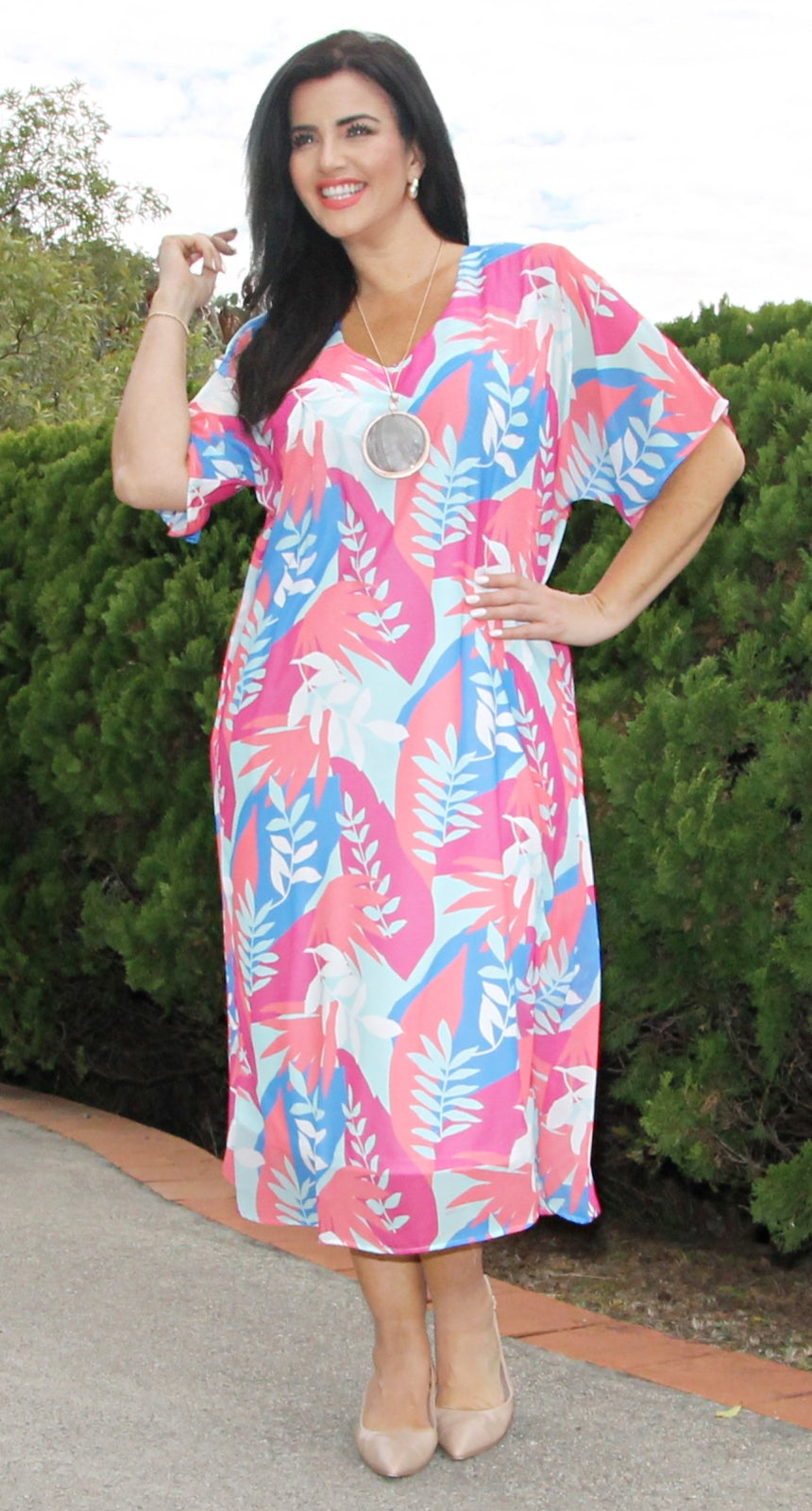 Print Kaftan Dress Apricot Abstract