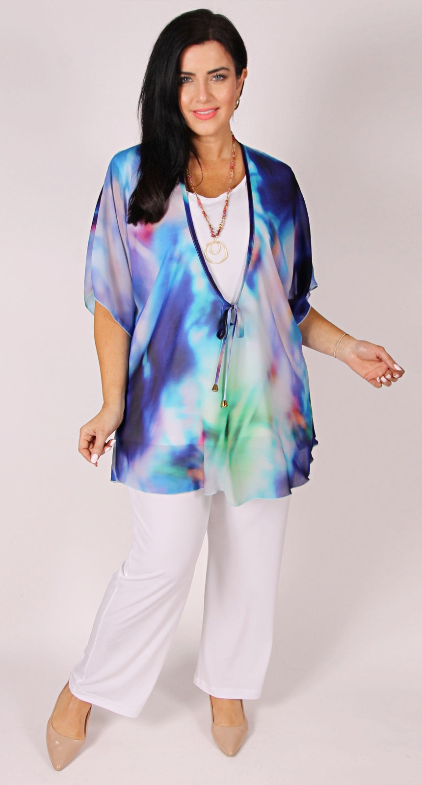 Print Kaftan Tie Front Top Ocean Blue