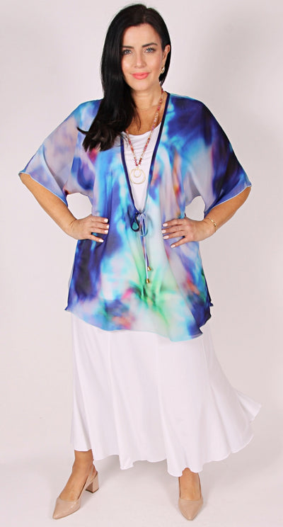 Print Kaftan Tie Front Top Ocean Blue