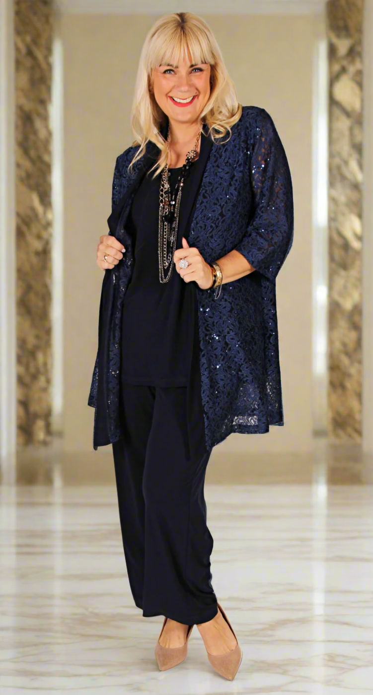 Luxe Longline Lace and Sequins Jacket Navy