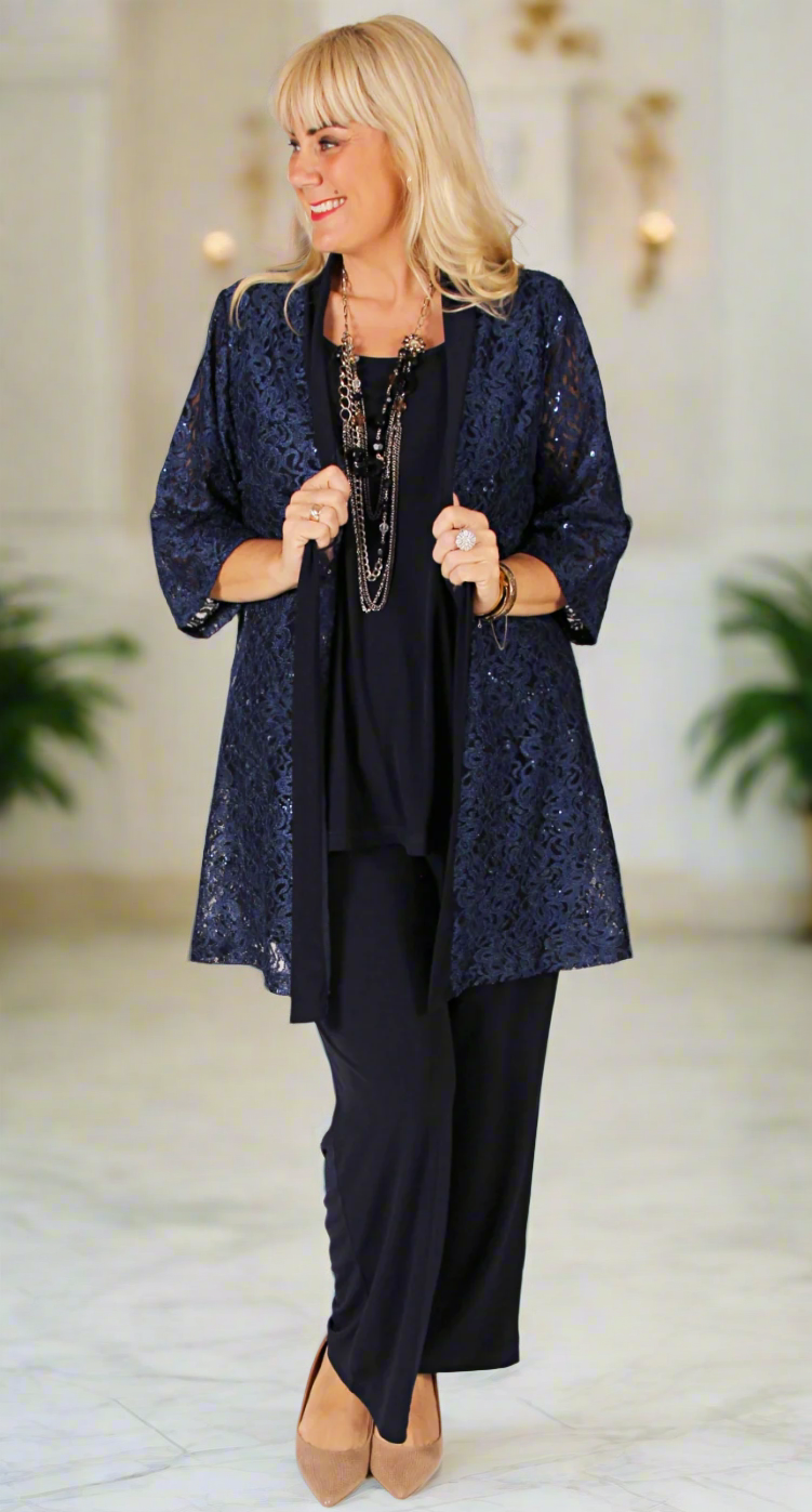 Luxe Longline Lace and Sequins Jacket Navy