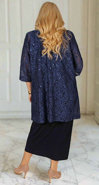 Luxe Longline Lace and Sequins Jacket Navy