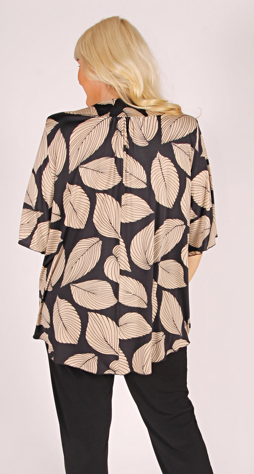 Bella V-Neck Top Taupe Leaves on Black