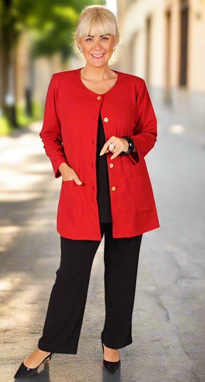 Classic Button Front Round Neck Jacket Pillar Box Red