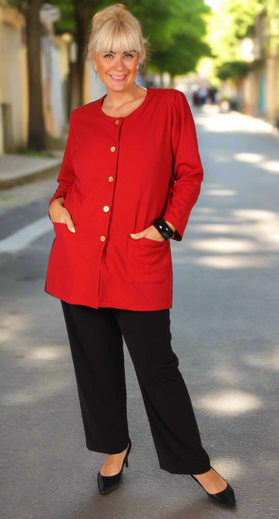 Classic Button Front Round Neck Jacket Pillar Box Red