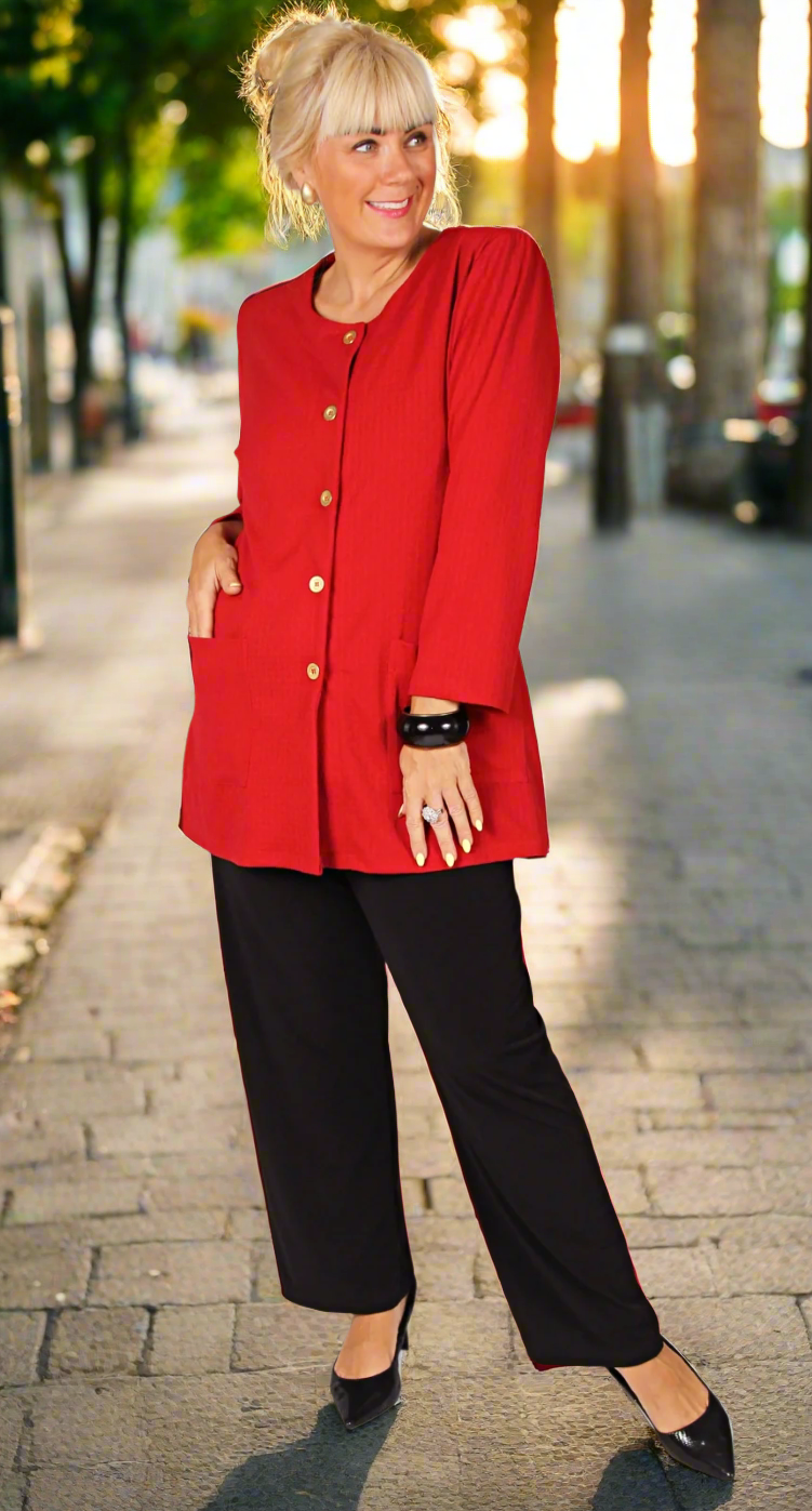 Classic Button Front Round Neck Jacket Pillar Box Red