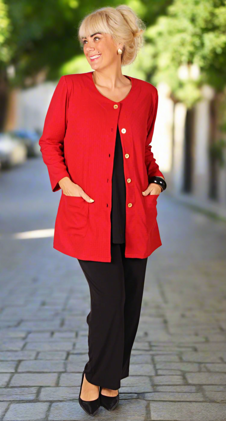 Classic Button Front Round Neck Jacket Pillar Box Red