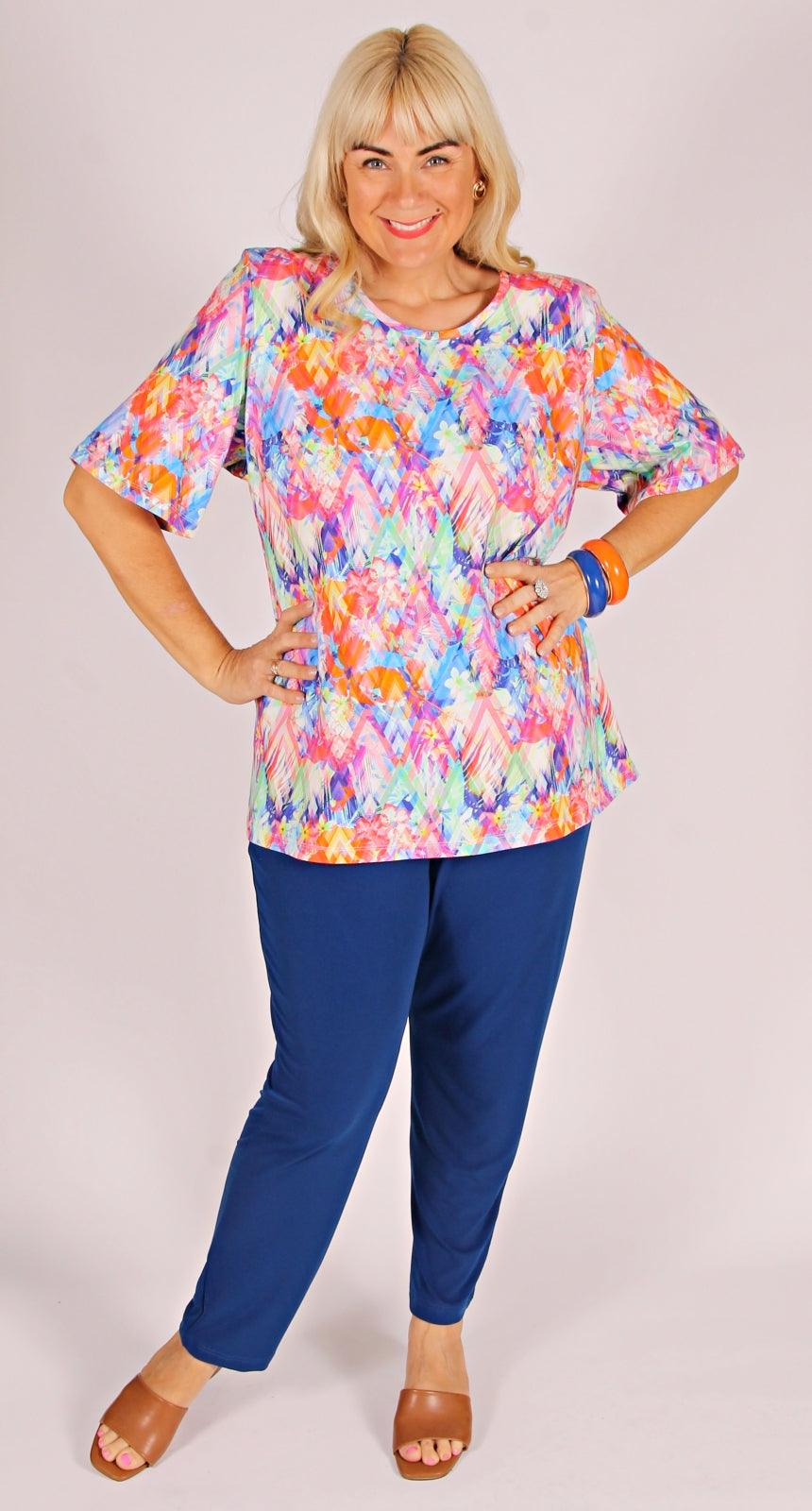 Rikki Round Neck Top Harlequin on Cotton Knit