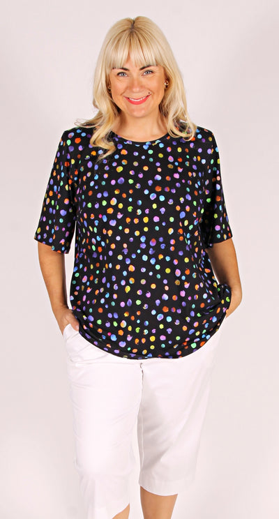 Rikki Round Neck Top Multi Spots on Black Cotton Knit