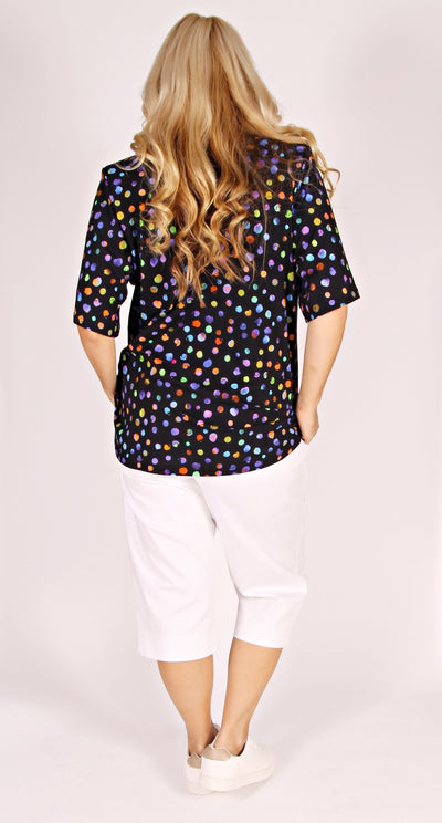 Rikki Round Neck Top Multi Spots on Black Cotton Knit