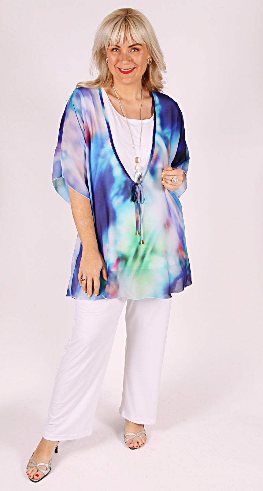 Print Kaftan Tie Front Top Ocean Blue