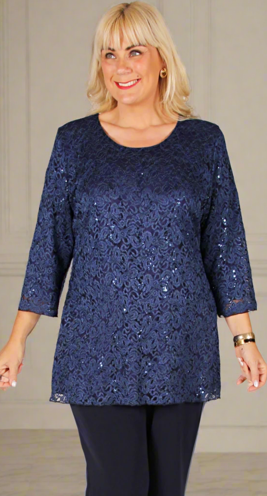 Luxe Longline Lace and Sequins Round Neck Top Navy