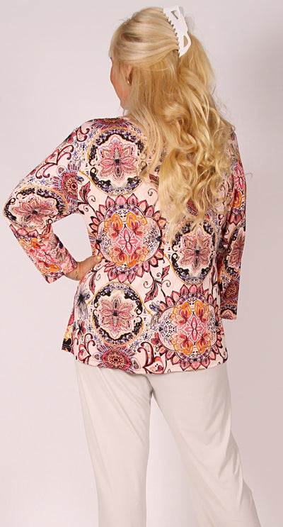 Gathered Crew Neck Top Peach Boho