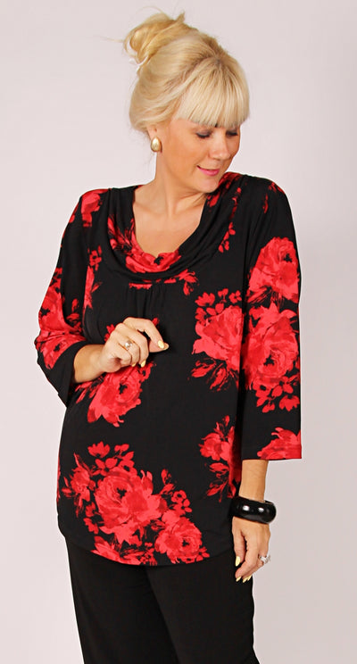 Cowl Neck Top Red Roses on Black