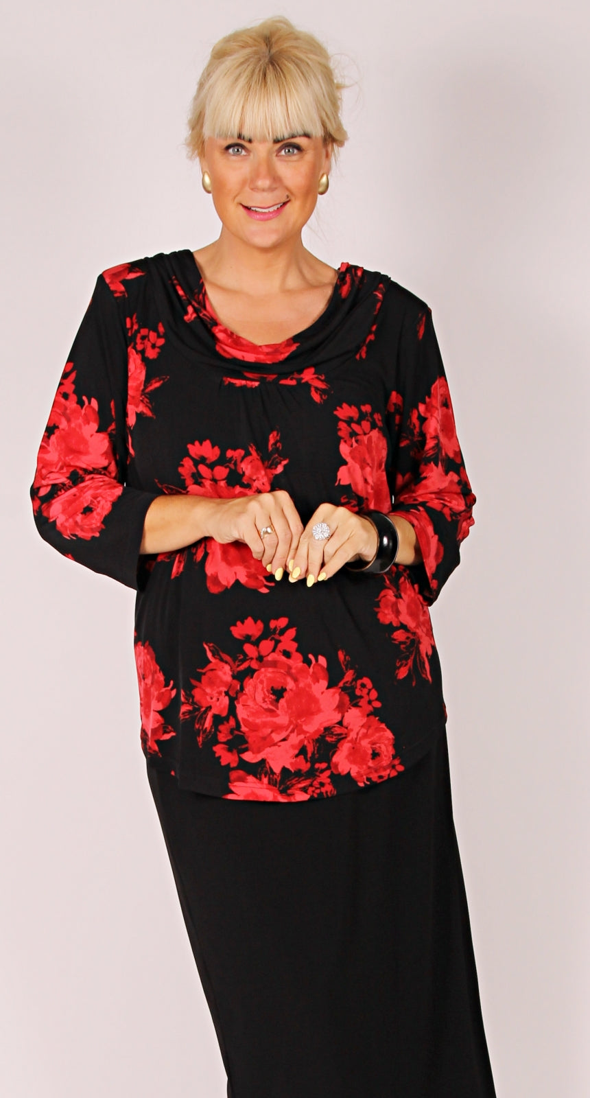 Cowl Neck Top Red Roses on Black