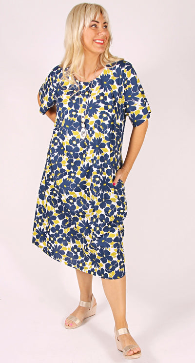 Rosie Round Neck Dress Navy and Lime Cotton