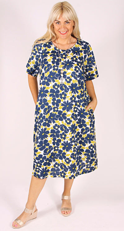 Rosie Round Neck Dress Navy and Lime Cotton