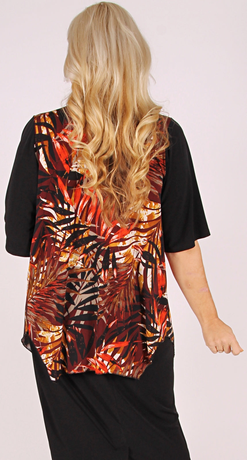 Ruffle Front Swing Style Top Gold and Orange Palms on Black